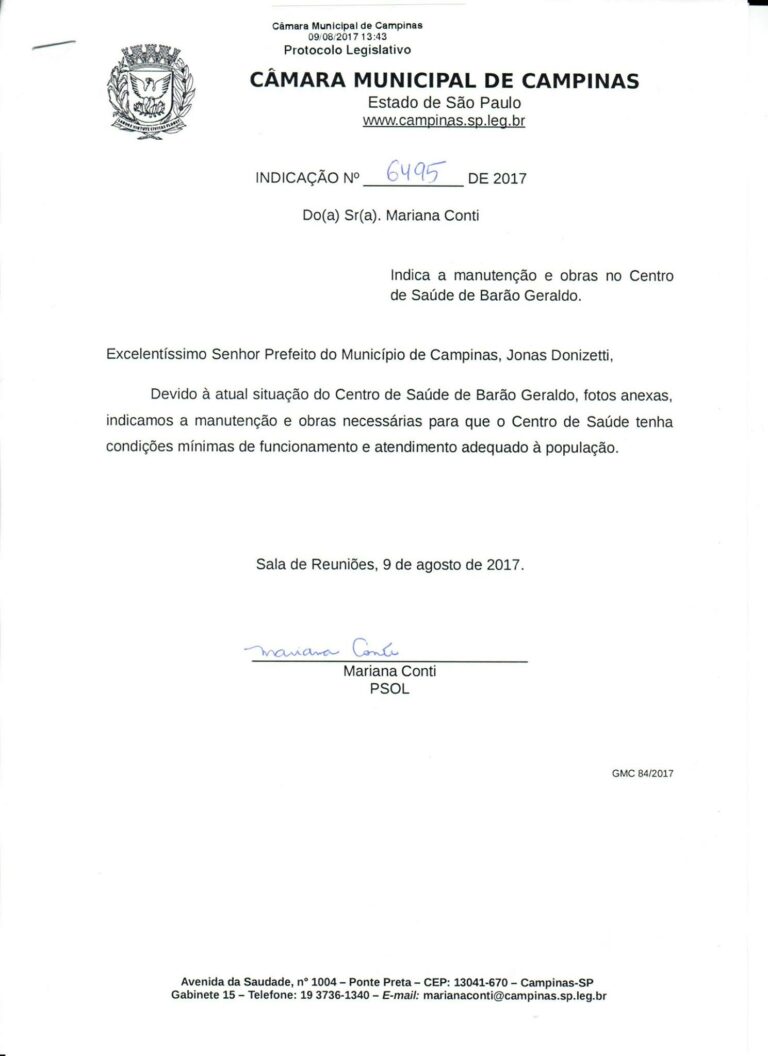 Indicação de Obras no Centro de Saúde de Barão Geraldo